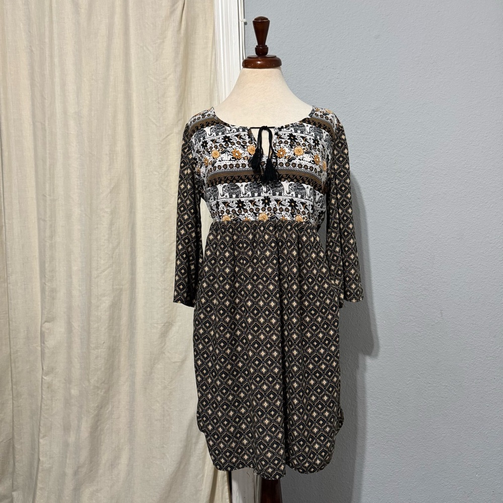 Mlle Gabrielle Women Bohemian Hippie Elephant Print Long Sleeve Flared Dress M